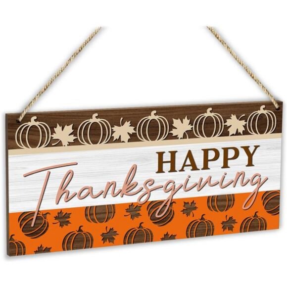 Maple Leaf Pumpkin Fall Happy Thanksgiving Hanging Sign Wooden Home Decor - Picture 1 of 6